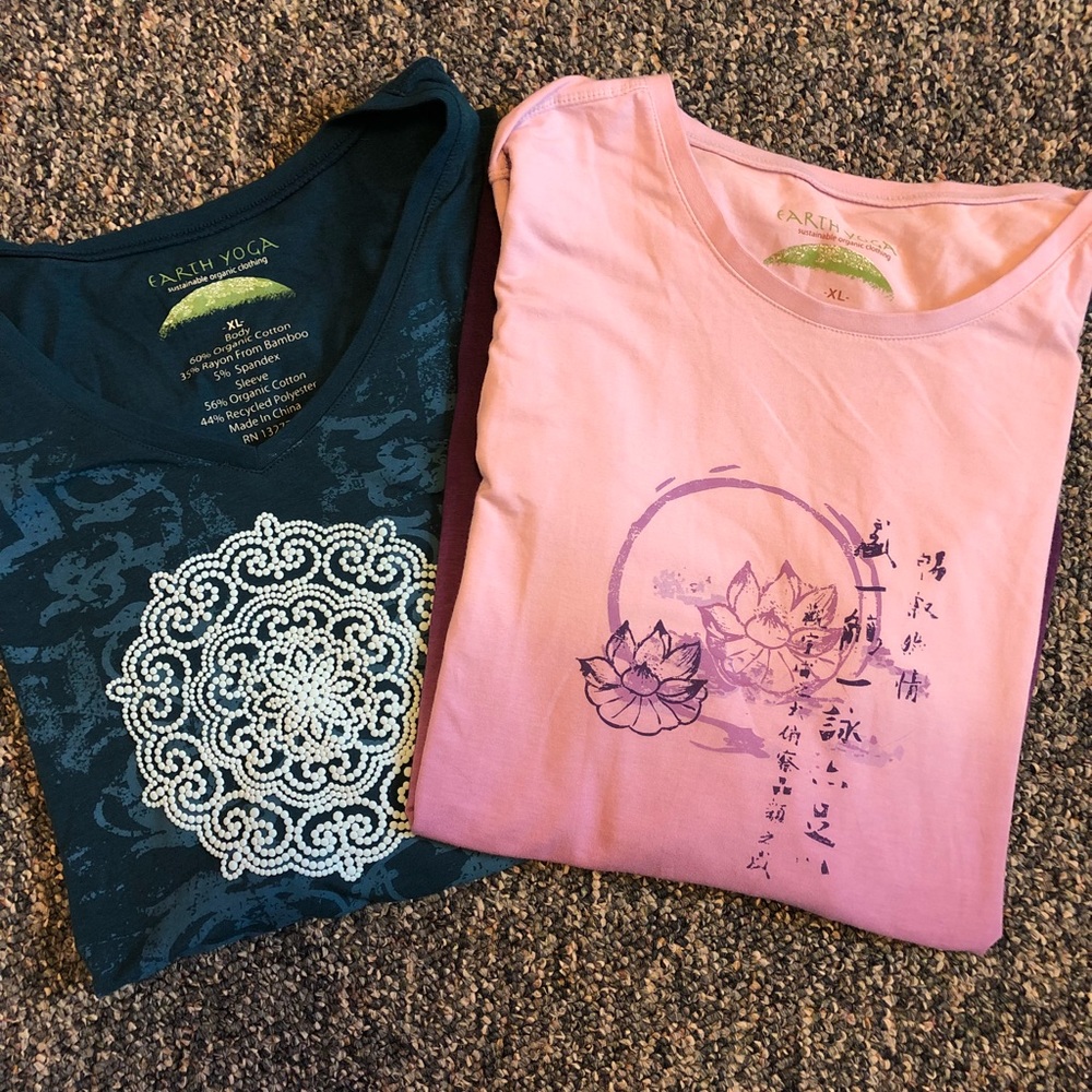 TWO long sleeve Earth Yoga Tops!  Teal and Purple